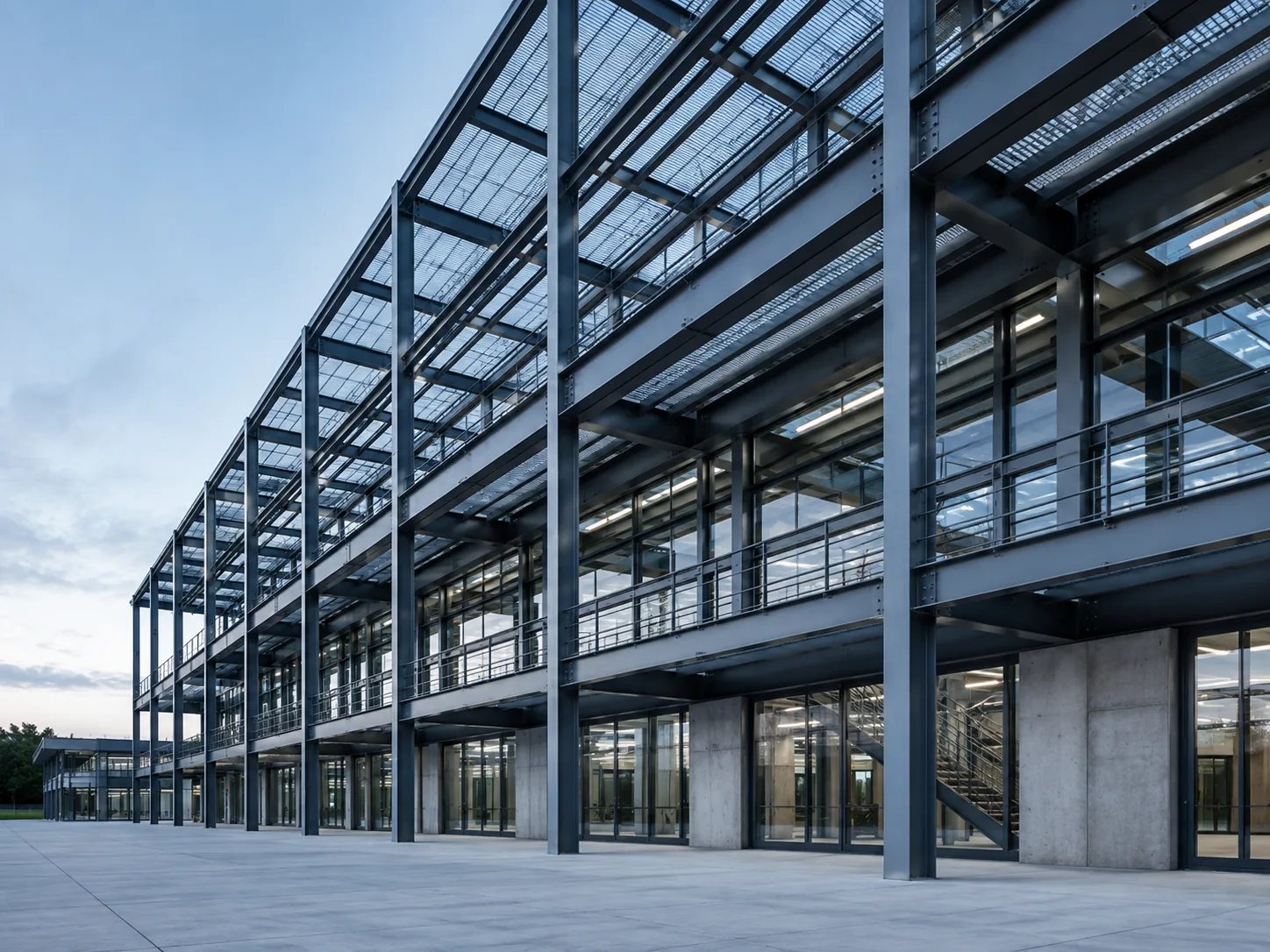 Exposed steel framing on a modern building
